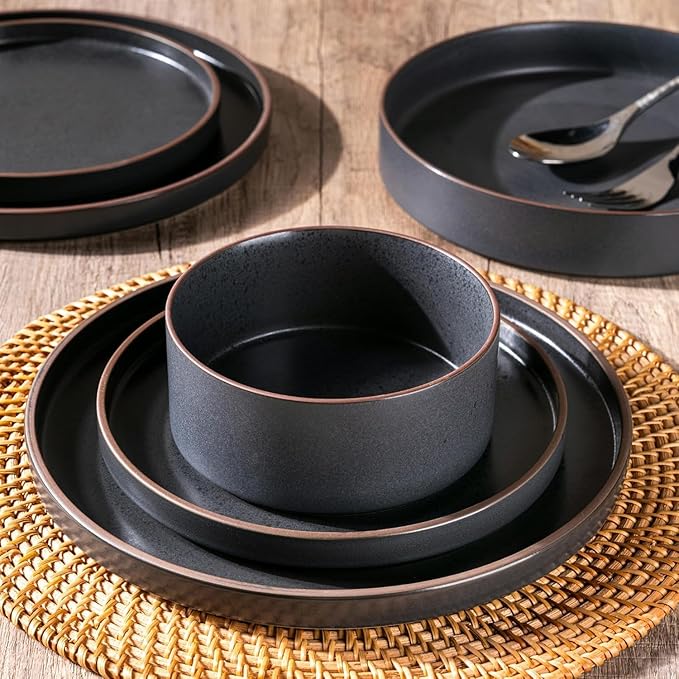 LERATIO Ceramic Dinnerware Sets for 8 High Edge Stoneware Plates and Bowls Set Chip and Crack Resistant | Oven &amp Dishwasher &amp Microwave Safe Dishes Set Service for 8 -Ashen