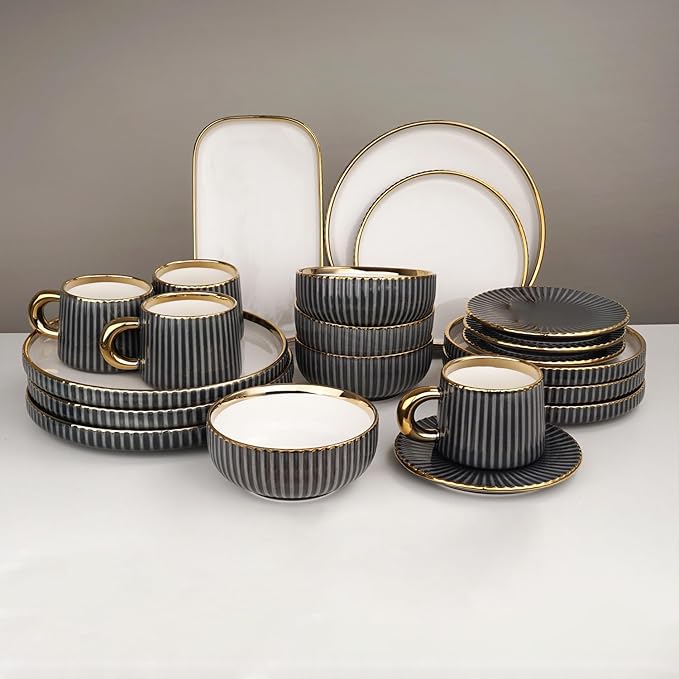 Luxury Black and White Porcelain Dinnerware Set 16 Piece Gold Rim Fluted Rim Design Service for 4 with Plates and Bowls Cups Saucers Dishwasher &amp Microwave Safe Modern (Grey)
