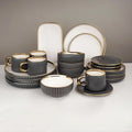 Luxury Black and White Porcelain Dinnerware Set 16 Piece Gold Rim Fluted Rim Design Service for 4 with Plates and Bowls Cups Saucers Dishwasher &amp Microwave Safe Modern (Grey)