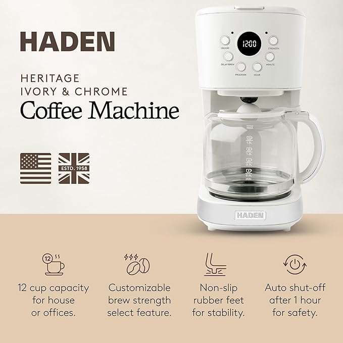 HADEN Coffee Machine 12 Cup Programmable Drip Coffee Maker Ivory &amp Chrome