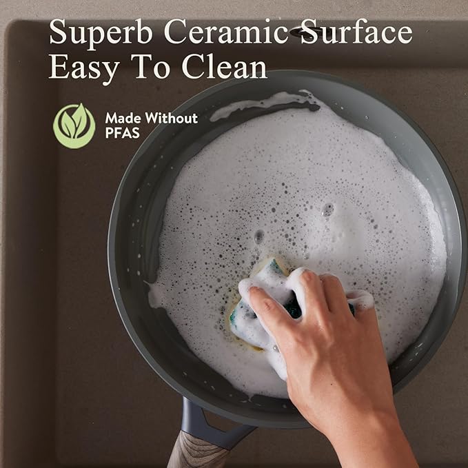 22Pcs Pots and Pans Set Non Stick Non-Toxic Ceramic Cookware Sets Nonstick Kitchen Pot and Pan Set With Lid Gray Granite Induction Compatible with Glass Lids 10 Griddles Frying Pan PFOA/PFOS-Free