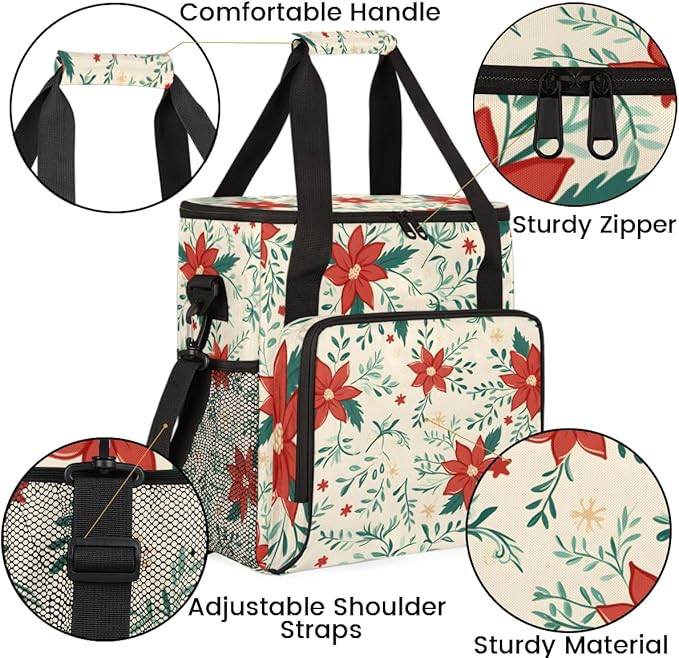 Xmas Red Holly Berries Coffee Maker Carrying Bag Travel Storage Bag Compatible with K-Mini or K-Mini Plus Single Serve Coffee Brewer Carrying Case with Multiple Pockets &amp Shoulder Strap
