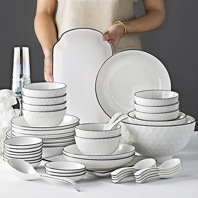 56-Piece White Dinnerware Sets European Dinner Plate And Bowl Set Table Service For 10-12 Penh High-End Tableware Set Microwave Safe Dessert/Soup/S