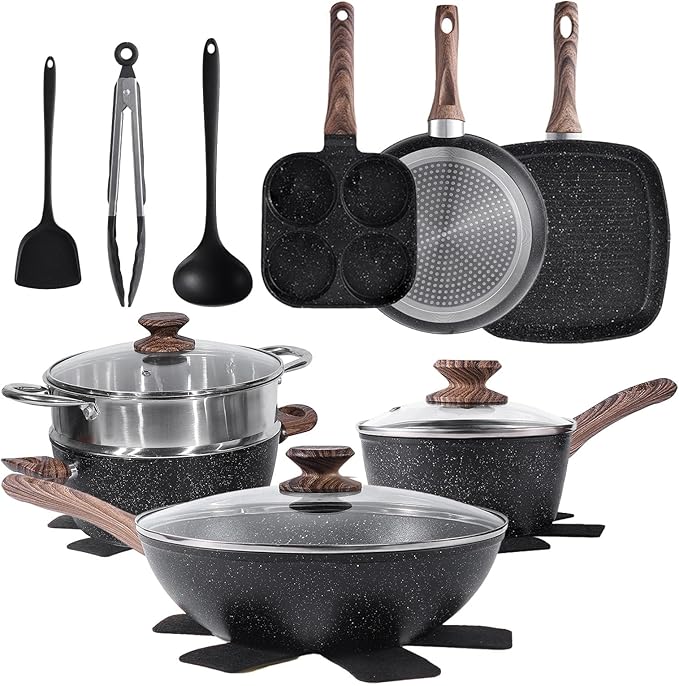 Nonstick Pots and Pans Set 17 Pcs Kitchen Cookware Set with Stay-Cool Handles - Induction Compatible Black Nonstick Coating