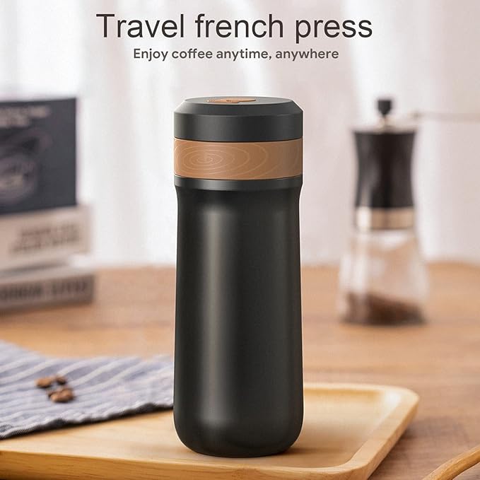 French Press Coffee Maker Stainless steel Portable Coffee Pot for Travel Camping and Everyday use Insulated 14.5 oz (Matte Meteorite Black)