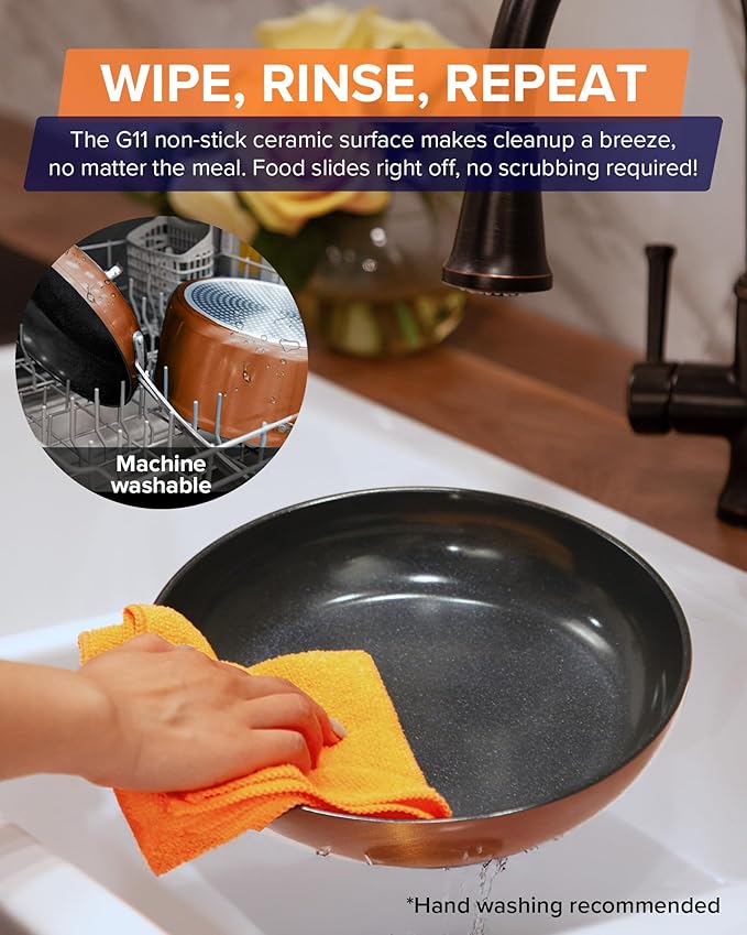 Nuwave Healthy G11-Pots and Pans Set Non Stick 9H Near-Diamond Hardness Scratch-Resistant Works on All Stovetops PFAS Free with Frying Pans Saucepans &amp Glass Lids Stay-Cool Handles Copper