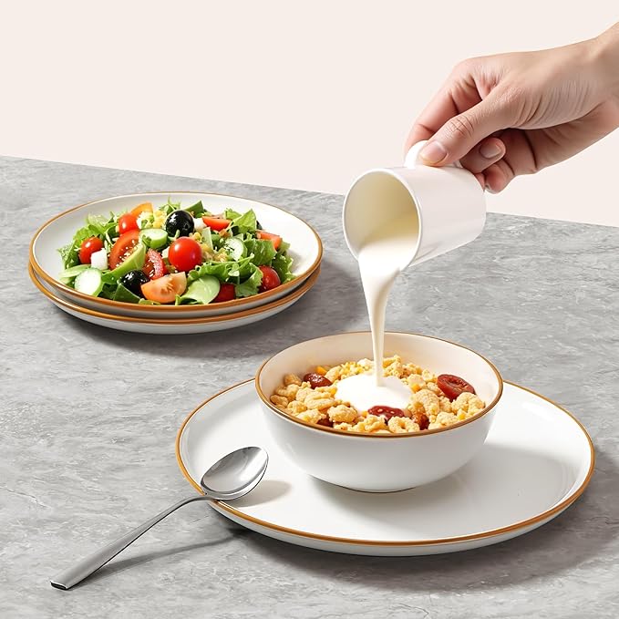 VEVOR Dinnerware Set Service for 4 (12 PCS) Round Plates and Bowls Sets Scratch Resistant Ceramic Dinner Ware Dishwasher and Microwave Suitable Kitchen Dish for Dessert Salad Soup Pasta White