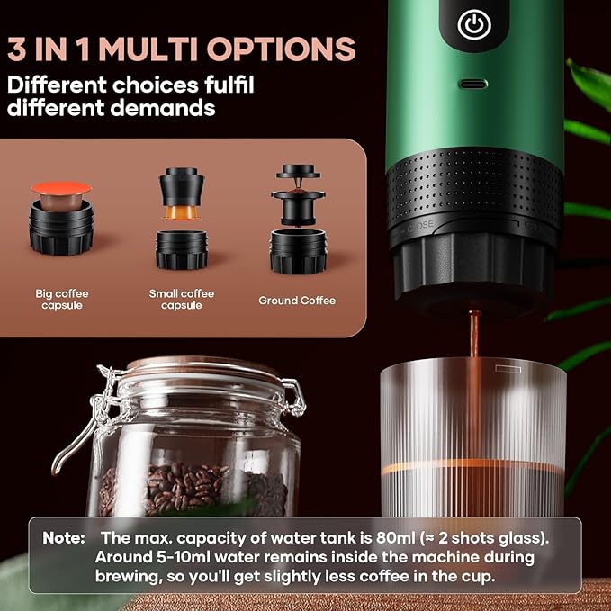 kejector Portable Coffee Maker Espresso Machine for Travel Nano Car Coffee Maker Compatible with Ground Coffee &amp Capsule for RV Hiking Camping Office Travel Espresso Maker Electric Green