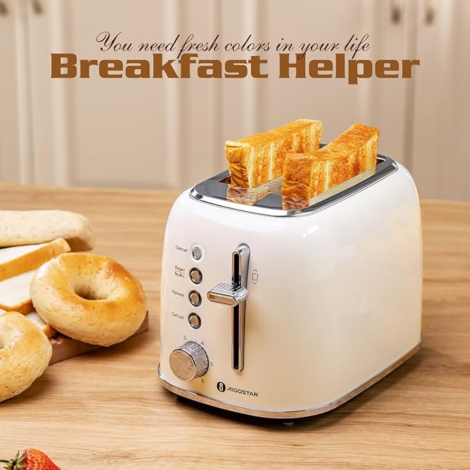 Aigostar Toaster 2 Slice Sandwich Maker Panini Press Tostadora de Pan Retro Extra-Wide Slot Toasters Best Rated Prime for Bagels Breads Waffles