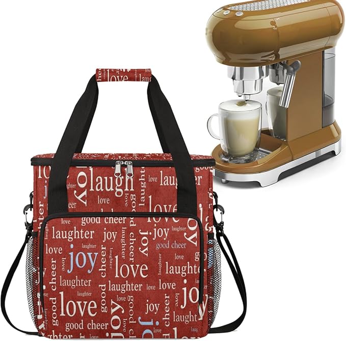 cfpolar Love Joy Laugh Letter Red Coffee Maker Carrying Bag Portable Single Serve Coffee Brewer Case with Pockets for K-Cup Pods