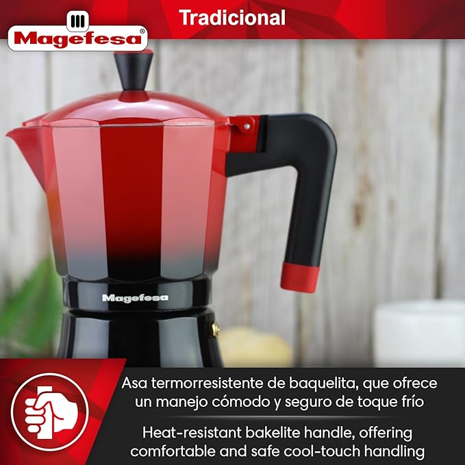 MAGEFESA Traditional Italian Coffee Maker Black and Red 9 Cups 450 ml Stainless Steel and Aluminium All Hob Types Induction Cold Handle