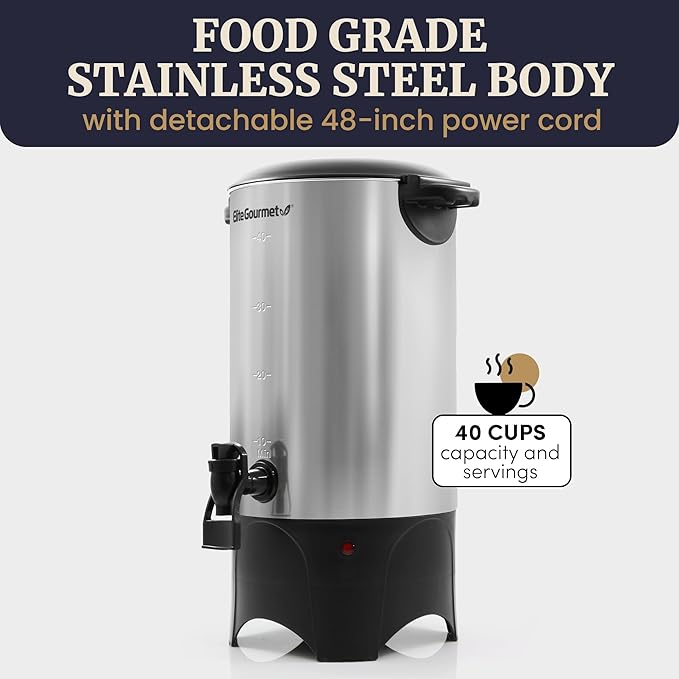 Elite Gourmet CCM040X 40 Cup Electric Hot Water Coffee Brewer Urn Removable Filter For Easy Cleanup Two Way Dispenser with Cool-Touch Handles Stainless Steel