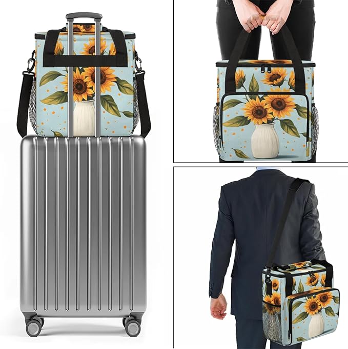 Sunflowers Vase Coffee Maker Travel Bag for Keurig K-Mini/K-Mini Plus Insulated Waterproof Tote with Pockets for K-Cup Portable Single-Serve Brewer Case
