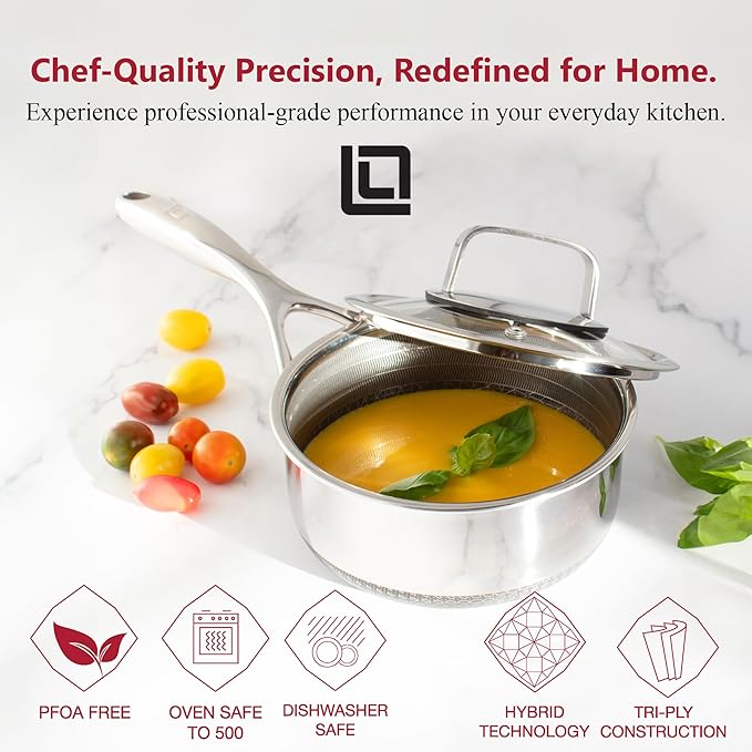 LIVWELL DiamondClad Nonstick Hybrid 1.5-Quart Saucepan with Lid - Kitchen Gifts - Pots and Pan Set Cookware - Medium Sauce Pan - Cooking and Dining - Sauce Pot with Lid - Stainless Steel Cookware Set
