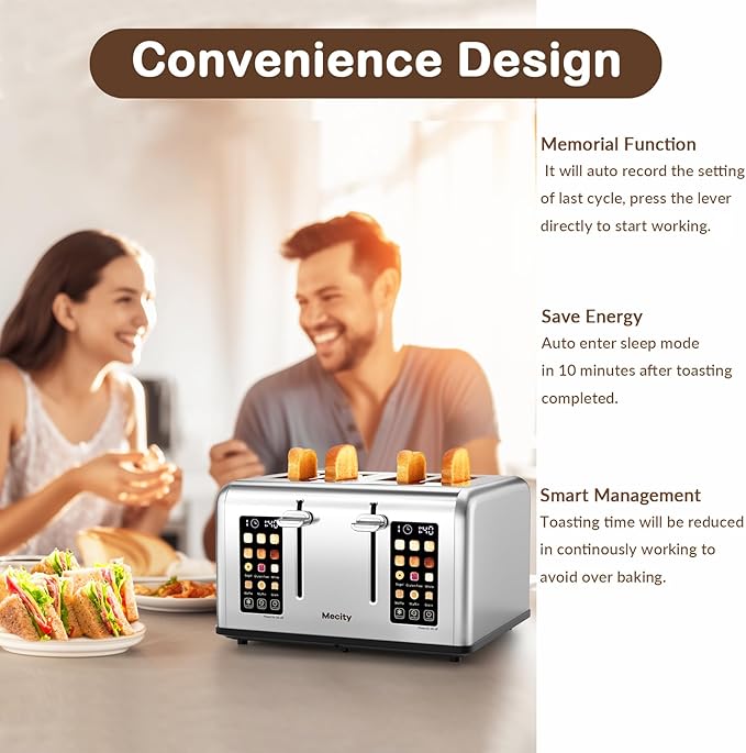 Mecity 4 Slice Toaster with Touch Screen Control 4 Wide Slots Stainless Steel Smart Bread Toaster for Bagels Muffins Waffles Dual Control Panel Timer Defrost Reheat 120V 1650W