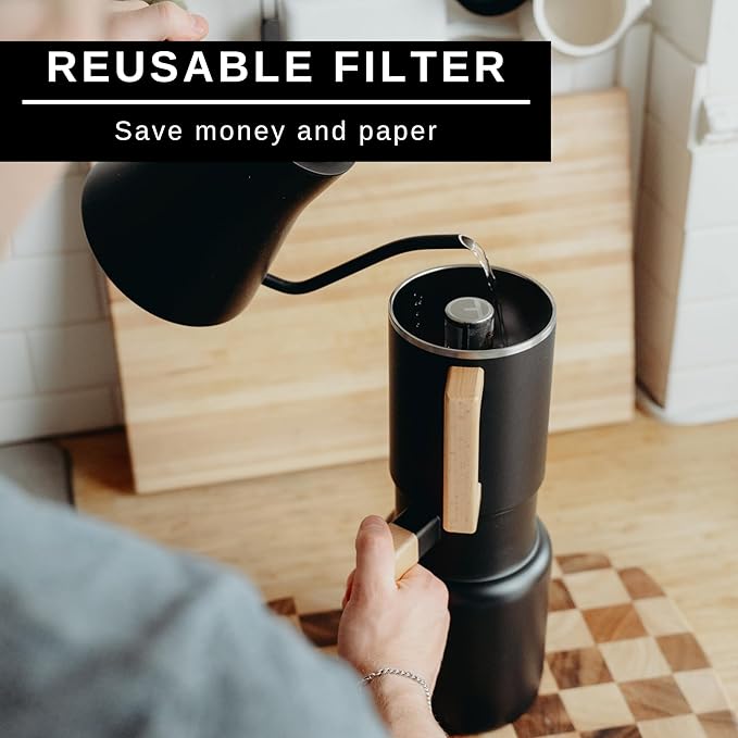 HASTINGS Pour Over Coffee Dripper - Stainless Steel Pour Over Coffee Filter Metal Paperless Reusable Double Mesh Cone Filter with Wood Handle - Coffee Maker for Single Cup Brew up to 68 OZ (Black)