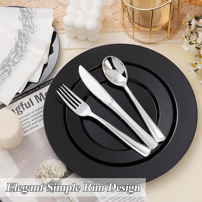 BESTSTAR 200PCS Black Plastic Plates Set 100 10.25 inch Dinner Plates and 100 7.5 inch Dessert Plates Premium Disposable Plates for Party Wedding
