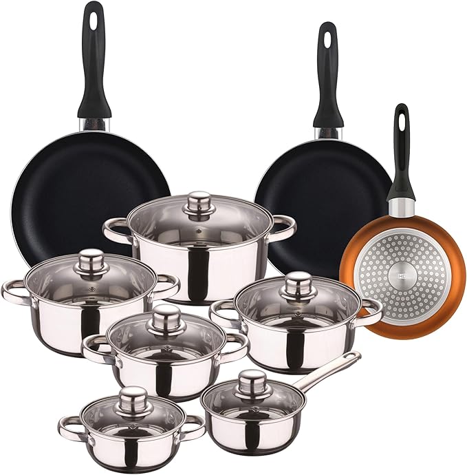Well Home Cookware Set 12 Pieces Stainless Steel + 3 Pans Diameter 16 x 20 x 24 cm Metallic Copper Made of Pressed Aluminium