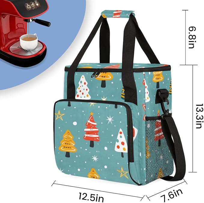 Glitter Tree Coffee Maker Carrying Bag Christmas Festivals Travel Storage Bag Compatible with K-Mini or K-Mini Plus Single Serve Coffee Brewer Carrying Case with Multiple Pockets &amp Shoulder Stra