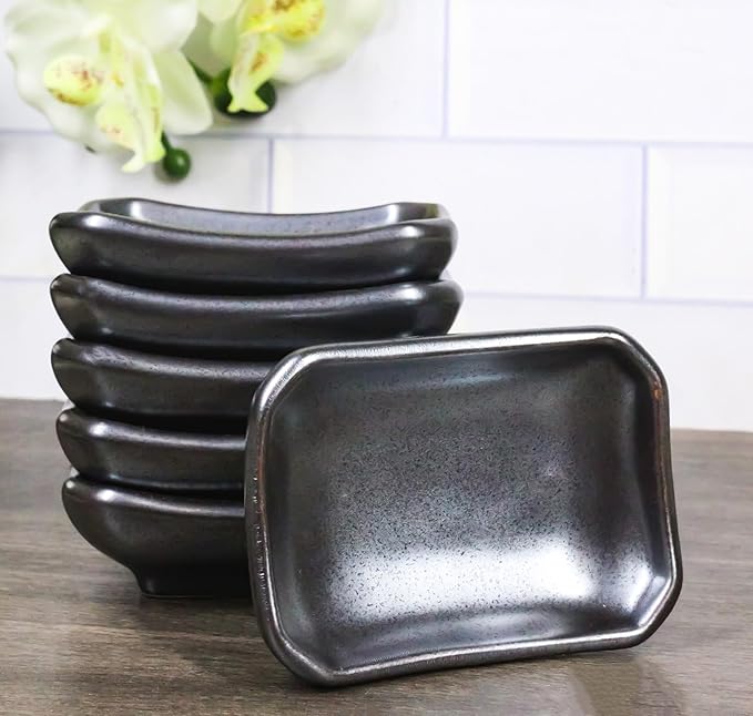 Ebros Gift Iron Black Clay Underglaze Technique Tetsu Kesho Porcelain Dinnerware Kitchen Set Asian Japanese Restaurant Supply (Pack Of 6 Rectangle Condiment Sauce Dishes 2oz)