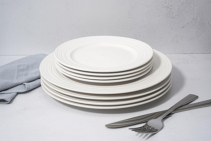 New Bone China 12 Piece Dinnerware Set Santorini Collection (Wave) White Daily Use China Embossed Tableware Service for 4