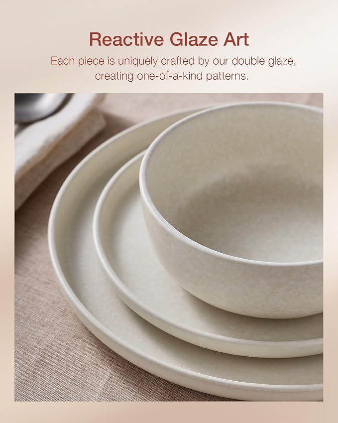 Famiware Milkyway Stoneware Dinnerware Sets with Pasta Bowls Service for 6 (24 Pieces) Reactive Glaze Plates and Bowls Sets Microwave and Dishwasher Safe Dishes Set Matte Beige White