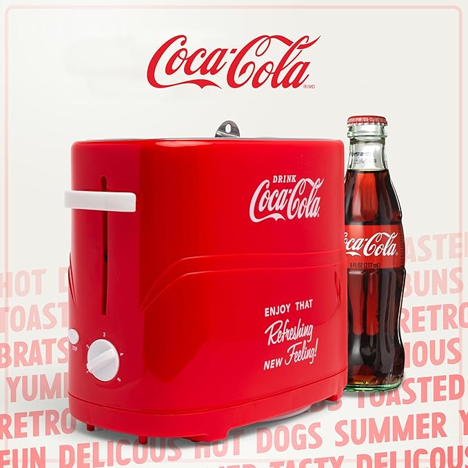 Nostalgia Coca-Cola Hot Dog Toaster - 2 Slot Bun Mini Tongs - Works with Chicken Turkey Veggie Links Sausages and Brats - Coke Red