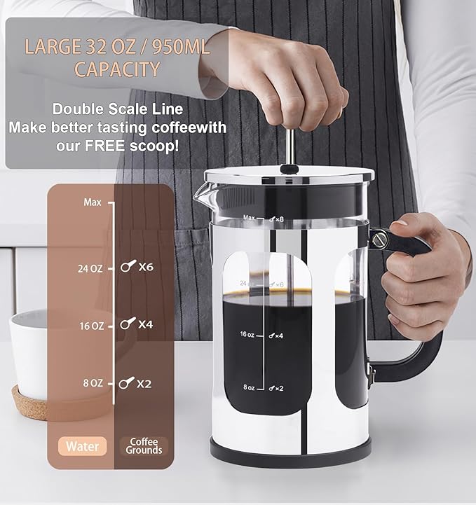 French Press Coffee Maker 8 cups 34 oz 304 Stainless Steel Coffee Press with 4 Filter Screens Easy Clean Heat Resistant Borosilicate Glass - Free 100% BPA… (Silvery-BO90893-SS 34 oz)
