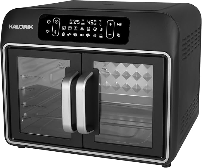 Kalorik Air Fryer Convection Oven Designer Series 26-Quart with Dual Speed Fan Easy Pull French Doors and 14 Smart Cooking Presets Includes 5 Cooking Accessories 1700-Watts Black