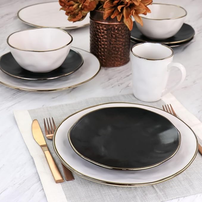 Modern 16 Piece Stoneware Dinnerware Set with Gold Rim – Textured Matte White Black &amp Assorted Colors – Microwave &amp Dishwasher Safe Plates Bowls Mugs for 4 (Matte Assorted)