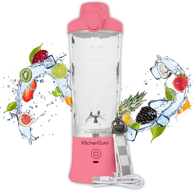 Elite Rechargeable Travel Blender: 240W Personal Smoothie Maker with 6-Leaf Blade 600ml Capacity and Innovative Pop-Up Design for Easy Portability - For Home or On the Go (Pink)