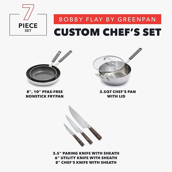GreenPan x Bobby Flay Stainless Steel 3.75QT Saucepan with Glass Lid 8” and 10” Frying Pan Skillet Set and 3-Piece Knife Set Professional Grade Tri-Ply Stainless Steel Blades Induction Suitable