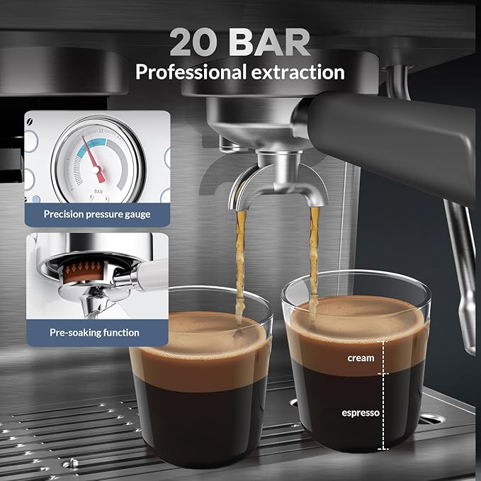 IDEALHOUSE Espresso Machine Stainless Steel Coffee Machine with Built-in Grinder 20 Bar Pressure Espresso Coffee Maker for Home Milk Frother Steam Wand Silver