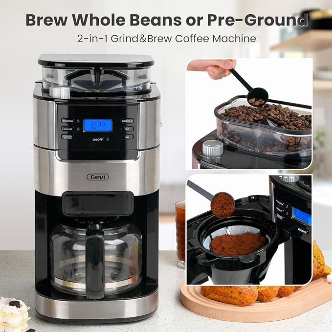 Gevi 10-Cup Drip Coffee Maker with Built-in Grinder Programmable Brew Coffee Machine with Timer Reusable Filter 1.5L Water Tank Coffee Pot Warming Plate Burr Grinder Combo