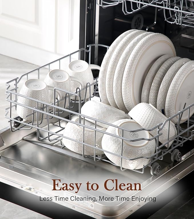 24 Piece Dinnerware Sets for 8 - Farmhouse Style Stoneware Plates and Bowls Sets - Scratch Resistant &amp Dishwasher Safe Embossed Boho Ceramic Dish Set Stack Compactly Dishware - Vintage White