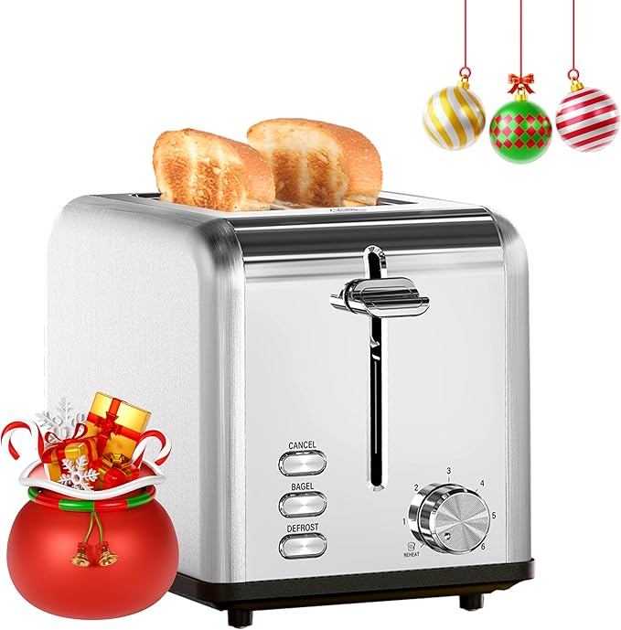 HealSmart 2-Slice Stainless Steel Toaster 6 Browning Setting and 3 Function Toaster Extra Wide Slot &amp Removable Crumb Tray for Bread &amp Waffle Silver