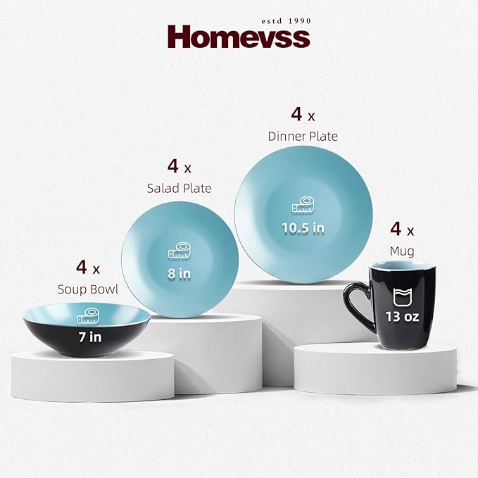 Colors Life Dinnerware SetOutside Shinny Black + Inside Matte Finished Color (16pc Set Turquoise)