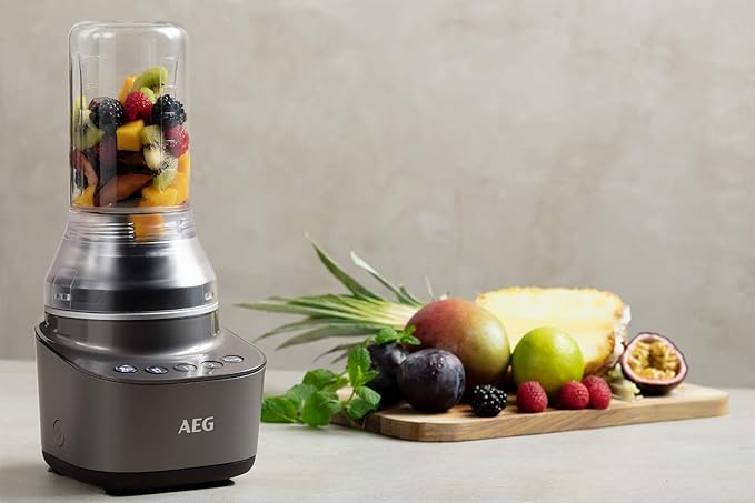 AEG CB7-1-8MTM Compact Blender (2 Levels 2 Recipe Programmes Pulse Function Includes Accessories LED Backlit Buttons 6-Blade Stainless Steel Knife 0.6 Litre Tritan Jug Grey)