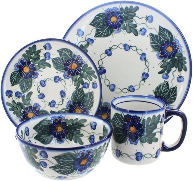 Blue Rose Polish Pottery - Blue Forget Me Not 4 PC Place Setting - Service for 1-1 Place Setting - Great for Everyday Dining Casual Dining or as Formal Dinnerware