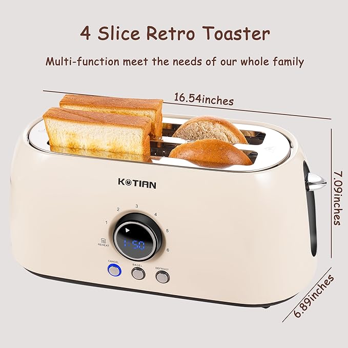 Toaster 4 Slice KOTlAN Retro Long Slot Toasters with CountdownTimerStainless Steel ToasterBagelDefrostReheatCancel FunctionsExtra Wide Slots6 Toast SettingsRemovable Crumbs TrayWhite
