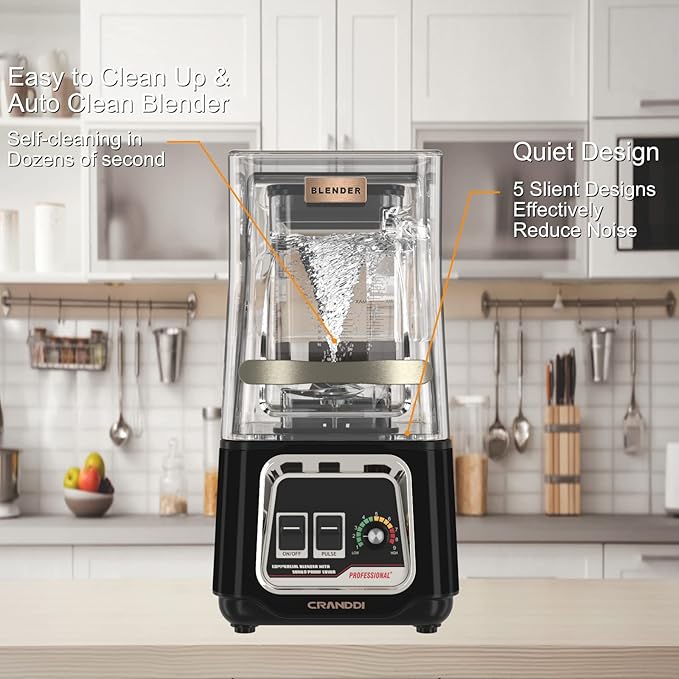 CRANDDI Commercial Blender 2200W Countertop Blenders with Removable Shield Quiet Smoothie Blender for Shakes and Ice Crushing 52oz 38000 RPM Professional Blenders for Kitchen K80 (Black)