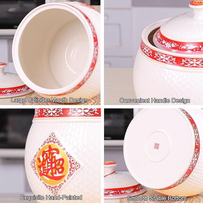 Chinese Ceramic Rice Bucket Large Grain Dispenser Food Storage Container with Lid Sealed Rice Storage Jar for Noodles Rice Snacks(30x36cm(12x14inch) F)