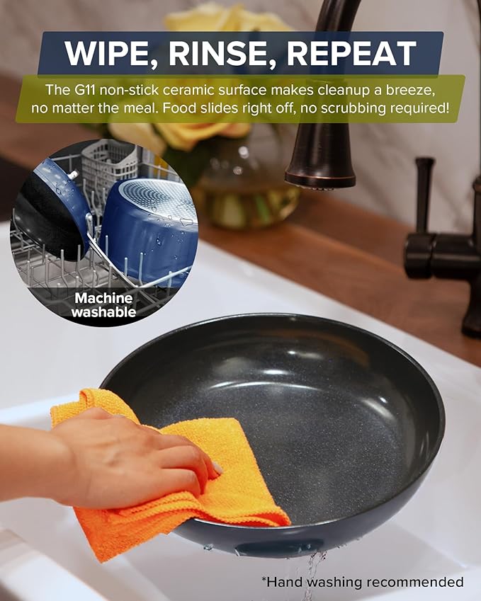 Nuwave Healthy G11-Pots and Pans Set Non Stick 9H Near-Diamond Hardness Scratch-Resistant Works on All Stovetops PFAS Free with Frying Pans Saucepans &amp Glass Lids Stay-Cool Handles Deep Blu