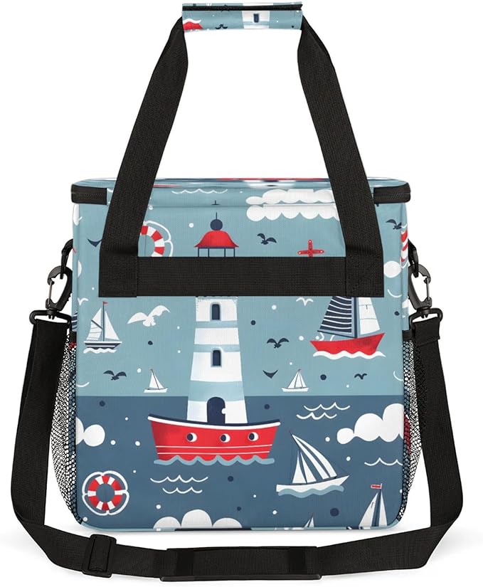 Cartoon Lighthouse Ship Coffee Maker Travel Bag for Keurig K-Mini/K-Mini Plus Insulated Waterproof Tote with Pockets for K-Cup Portable Single-Serve Brewer Case