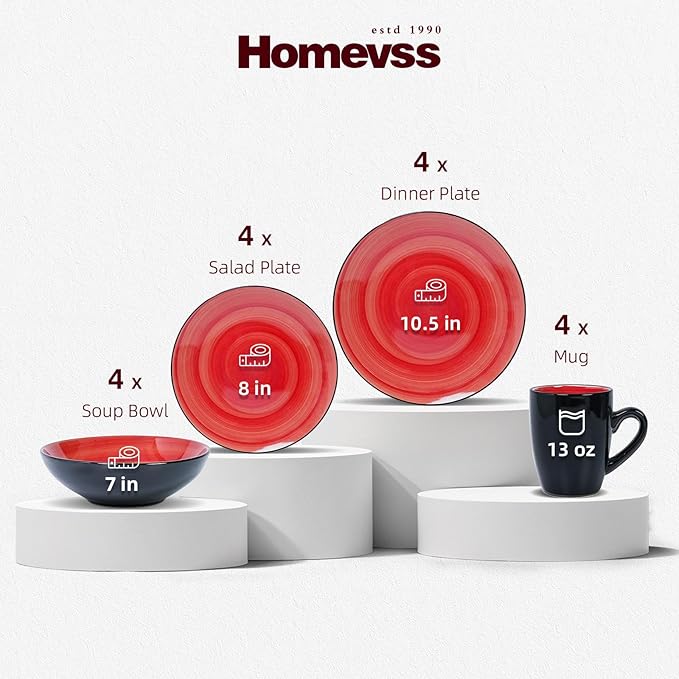 Sonoma 16 Piece Stoneware Dinner Set Red Outside Black + Inside Handpainted Color Red with speckle
