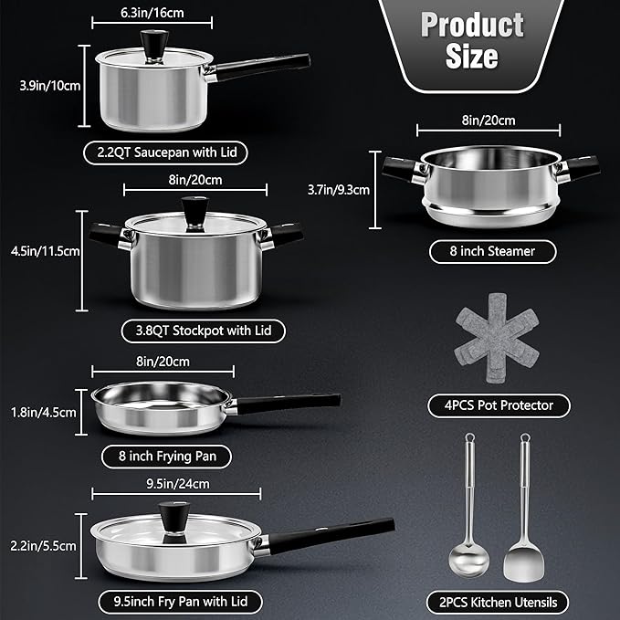 14Pcs Kitchen Pots and Pans Set Stainless Steel Cookware Set Non Toxic Induction Cooking Pot and Pan Set with Stay-Cool Handles Healthy PFAS PFOA PFOS Free Dishwasher Safe