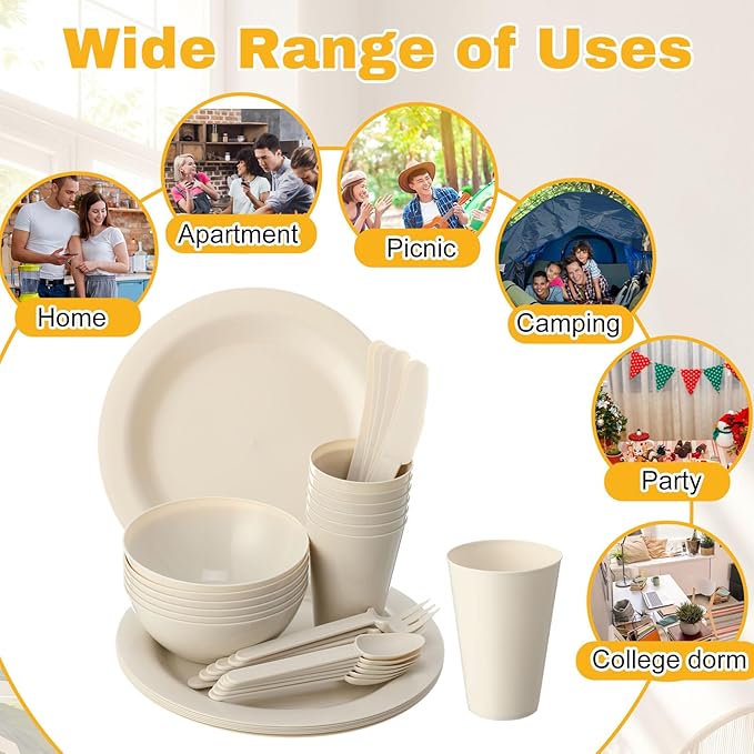LemonRoad 6 Set College Dorm Dishes Essential Kit Plates and Bowls Back to School Beige Room Dishes Set with Storage Mesh Bag Cup Microwave Dinnerware Picnic for RV Camping