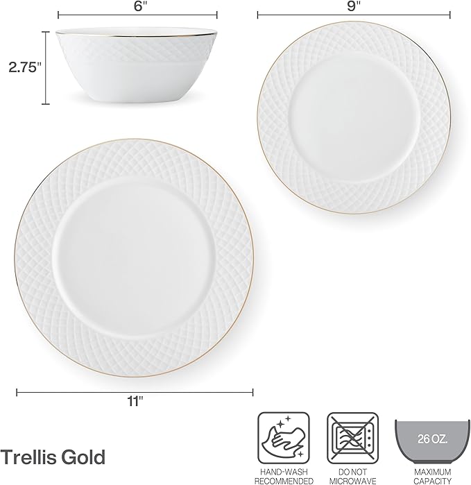 Mikasa Trellis Gold Rim Bone China Lightweight Chip Resistant 12 Piece Dinnerware Set Service for 4