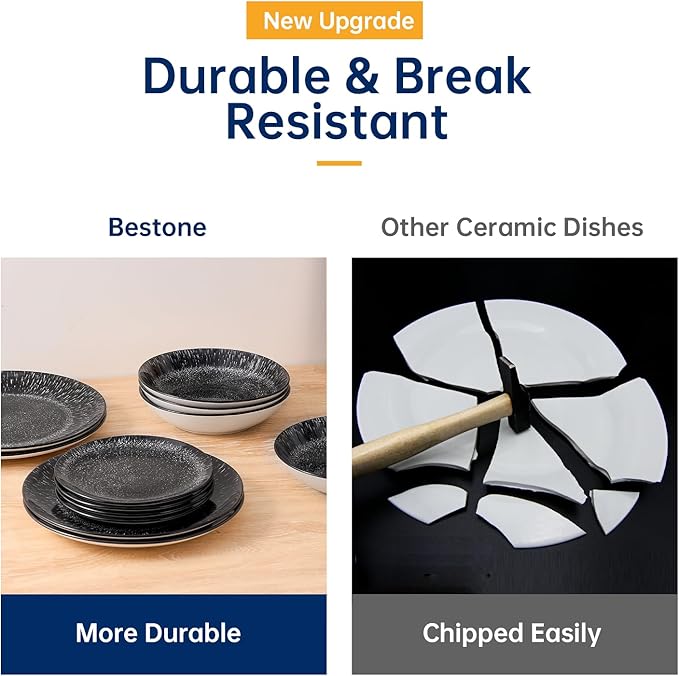 Bestone 12-Piece Round Porcelain Dinnerware Set Service for 4 Chip Resistant Plates and BowlsBlack Dishwasher &amp Microwave Safe for Home Daily Use
