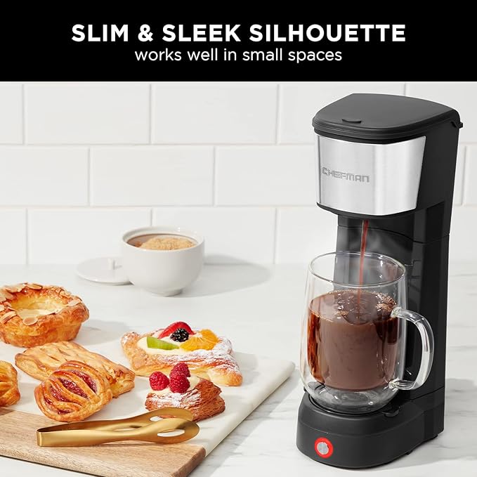 Chefman InstaCoffee Max The Easiest Way to Brew the Boldest Single-Serve Coffee Use Fresh And Flavorful Grounds or K-Cups With A Convenient Built-In Lift Black/Stainless Steel